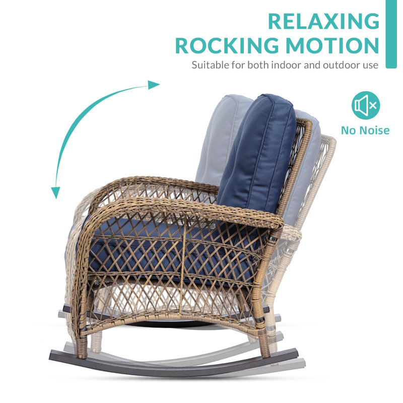 Navy Blue Cushioned Rattan Wicker Rocking Chair Set with Glass-top Table