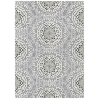 8' X 10' Gray Silver Floral Medallion Washable Indoor Outdoor Area Rug
