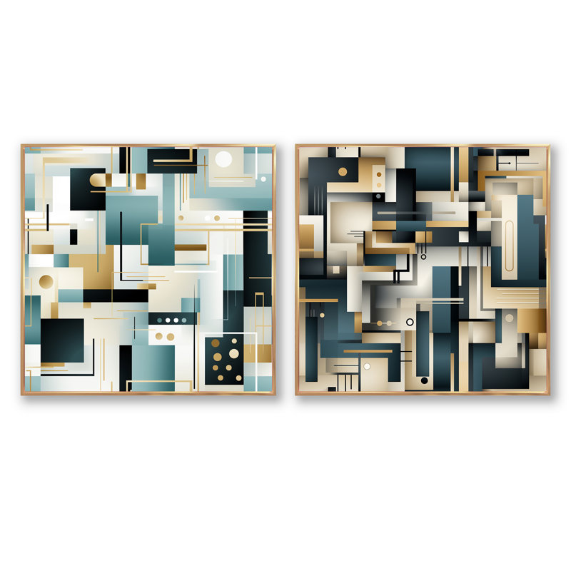 Crayson - Ensemble de 2 collages carrés à formes abstraites, H 16 po x l 33 po, Cadre flottant doré