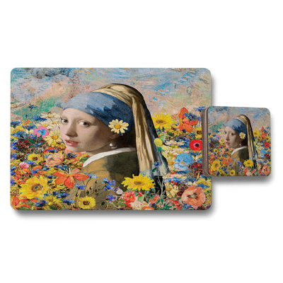 Delft Blue Floral Placemat and Coaster Set, Print, Wood Base, Limited Edition