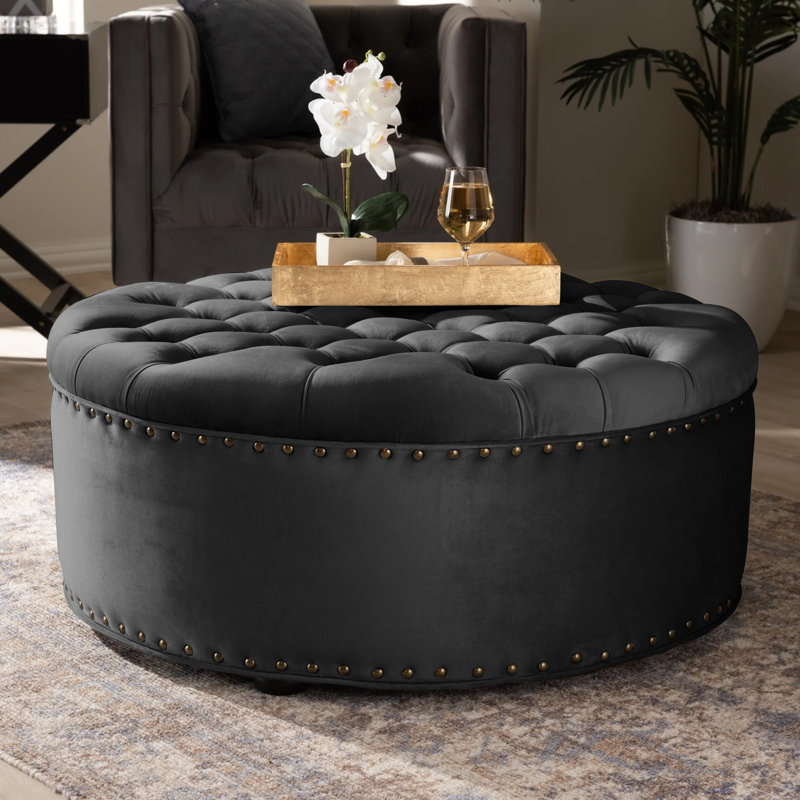 Croom 90cm Wide Tufted Round Footstool Ottoman, Black