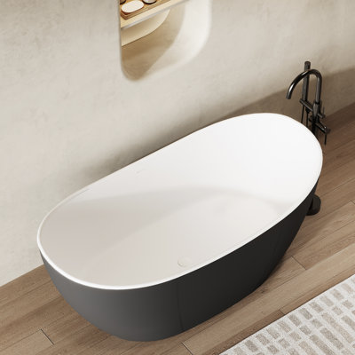 59 In. X 29 In.  Solid Surface Flatbottom Freestanding Soaking Bathtub In Black And White
