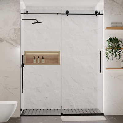 Porte de douche coulissante noire mate, verre trempé 8 mm (5/16 po), largeur 142 à 152 cm (56 à 60 po), joint d'étanchéité, esthétique soignée pour la salle de bain, verre épais, largeur réglable, étanche, solution de rénovation