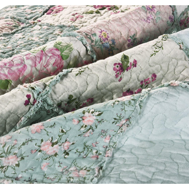 Floral Patchwork Blue and Pink Cotton Throw Blanket