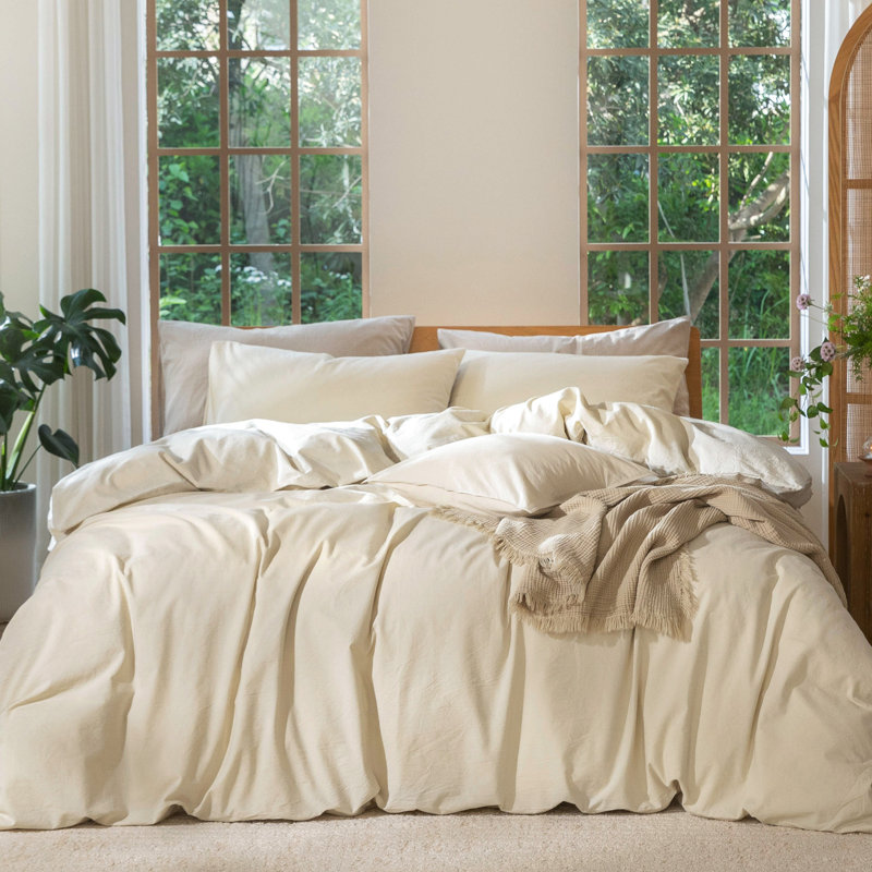 Ensemble de housse de couette légère avec fermeture à glissière 8 attaches 100% coton lavé MooMee, Lait d'amande, gris