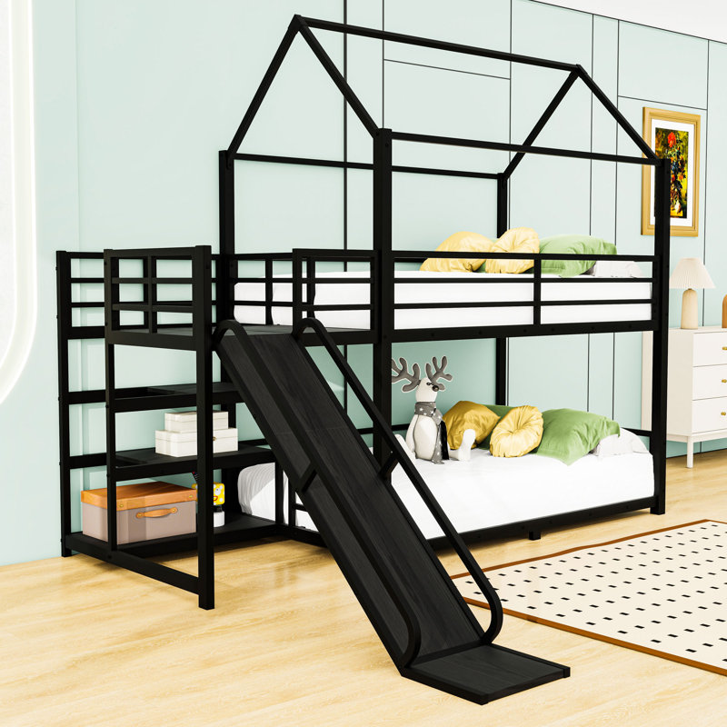 Metal Bunk Bed with Slide and Shelves, Twin Over Twin