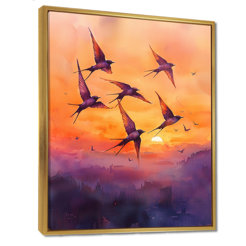 Reproduction d'art sur toile, "Swallows Birds At Sunset VII", H 44 po x l 34 po, Reproduction avec cadre flottant, Doré