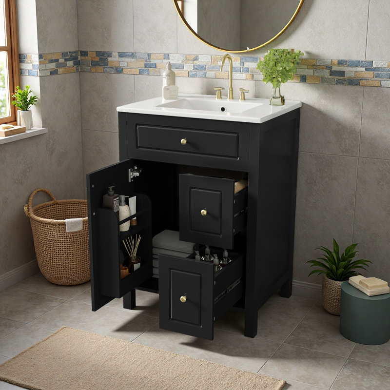 Meuble-lavabo de 24 pouces avec lavabo en céramique, Noir