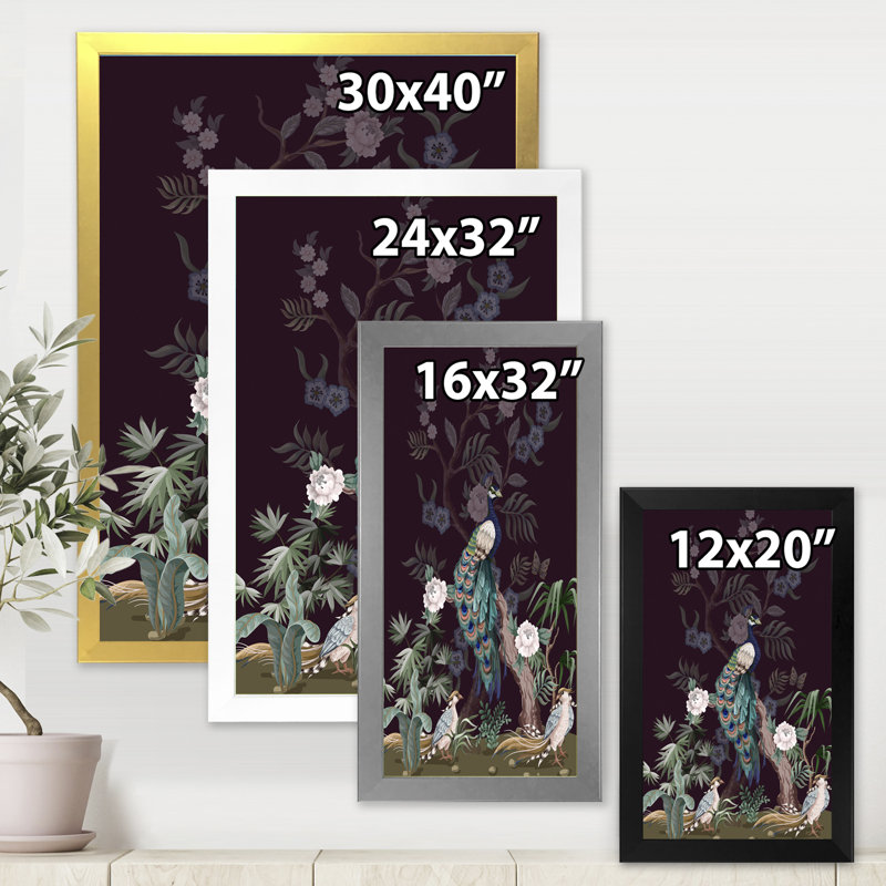 Chinoiserie avec oiseaux et pivoines V - Peinture sur toile, H 20 po x l 12 po x P 1po, Cadre photo blanc