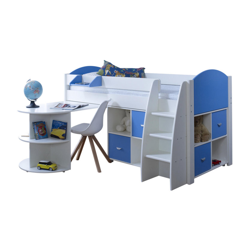Richas European Single (90 x 200cm) Mid Sleeper Loft Bed Bed with Built-in-Desk, White/Blue
