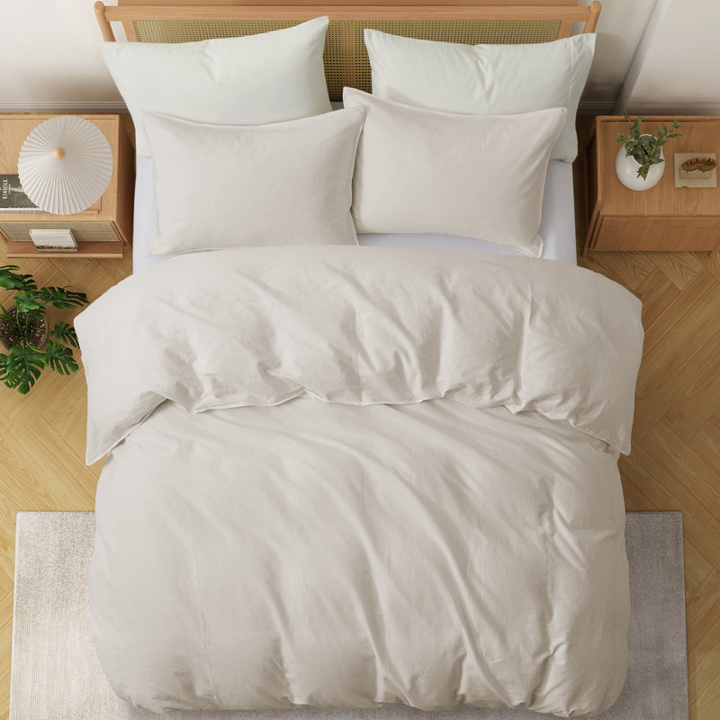 Linen and Cotton Duvet Cover with Pillowcase, Queen Duvet Cover + 2 Standard Pillowcases, Beige