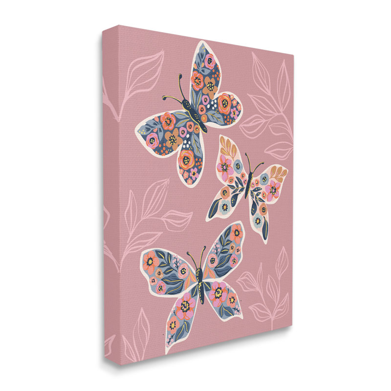 Chic, papillon, aile de papillon, feuilles de plantes roses - impression, Toile tendue, H 20 po x l 16 po x P 1,5 po