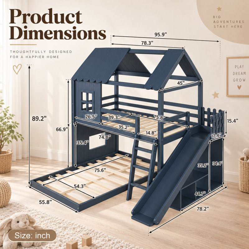 Lit superposé Benedict House avec glissade, échelle, étagères de rangement et armoire, lit superposé au sol avec barrières de sécurité