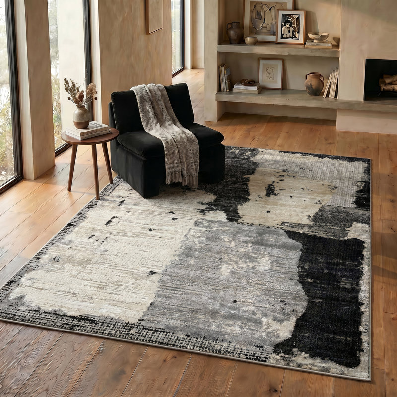 Tapis intérieur / extérieur à motif patchwork abstrait noir / beige 7 pi x 10 pi (6 pi 7 po x 9 pi 6 po) Atlas Branch