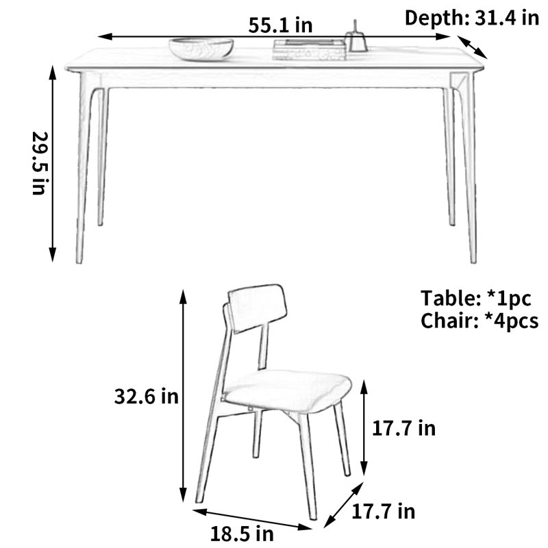 Quality simple dining table and chair, 29.5"H x 55.1"L x 31.4"W