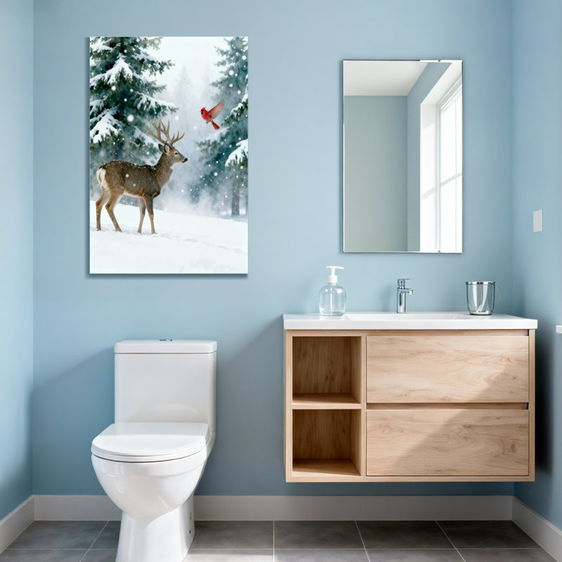 Animaux, hiver, cerf et oiseau rouge, H 18 po x l 12 po