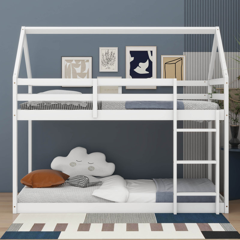 Arja Twin Over Twin Bunk Bed, Rubber Wood House Bed Frame, White