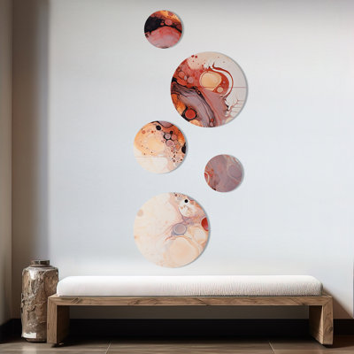 Pink Abstract Liquid Ink Galaxies I - Liquid Ink Abstract Round Wall Art Set Of 5