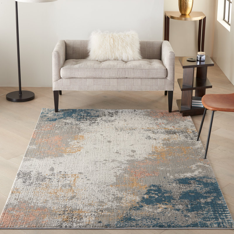 Tapis abstrait gris / bleu / ivoire, Rectangle 6 pi x 9 pi