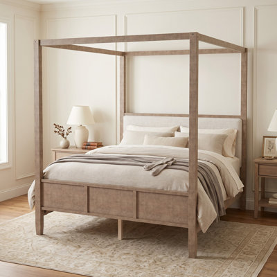 Wood Canopy Platform Bed, Upholstered Headboard, Modern Farmhouse, Bedroom