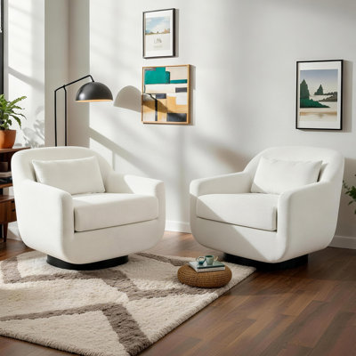 Upholstered Beige Chenille Swivel Oversized Lounge Armchair With Pillow And Metal Base (Set of 2)