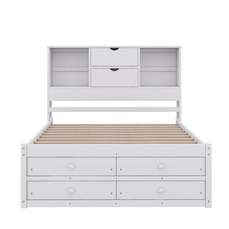 Platform Bed with Storage Headboard And 8 Drawers, White, Queen