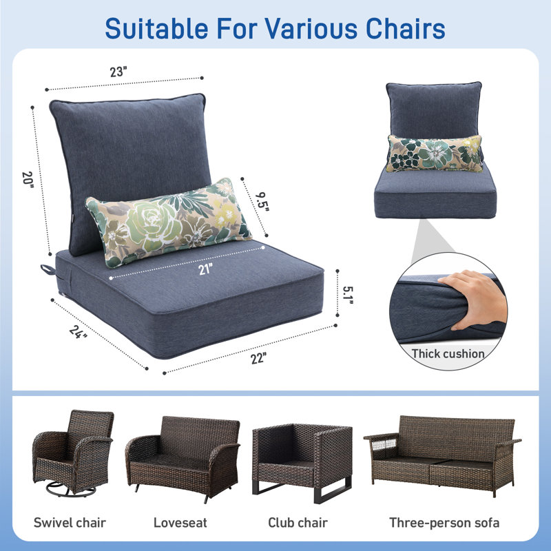  Outdoor Seat/Back Cushion, 22" W x 24" D, Chambray Blue