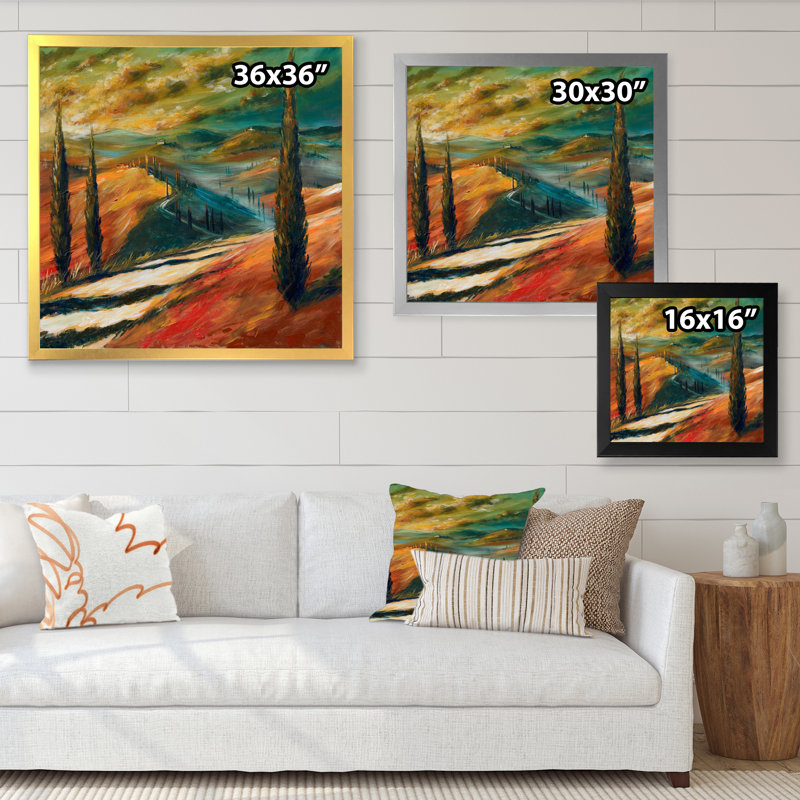 «Tuscany Valley Sunset Landscape», art mural sur toile traditionnel, Toile avec cadre noir, H 16 po x l 16 po x P 1 po
