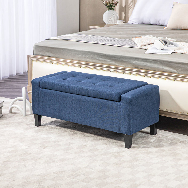 Banc de rangement bleu foncé By, revêtement en lin recouvert de boutons, chambre à coucher polyvalente et repose-pieds en lin, plateau pour la maison et les espaces intérieurs, solution de repos fonctionnelle