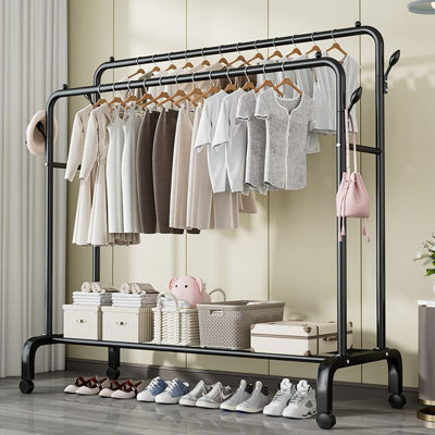 Rebrilliant Arched Double-Bar Rolling Floor Clothes Rack,with Side Hooks and Swivel Wheels,Black