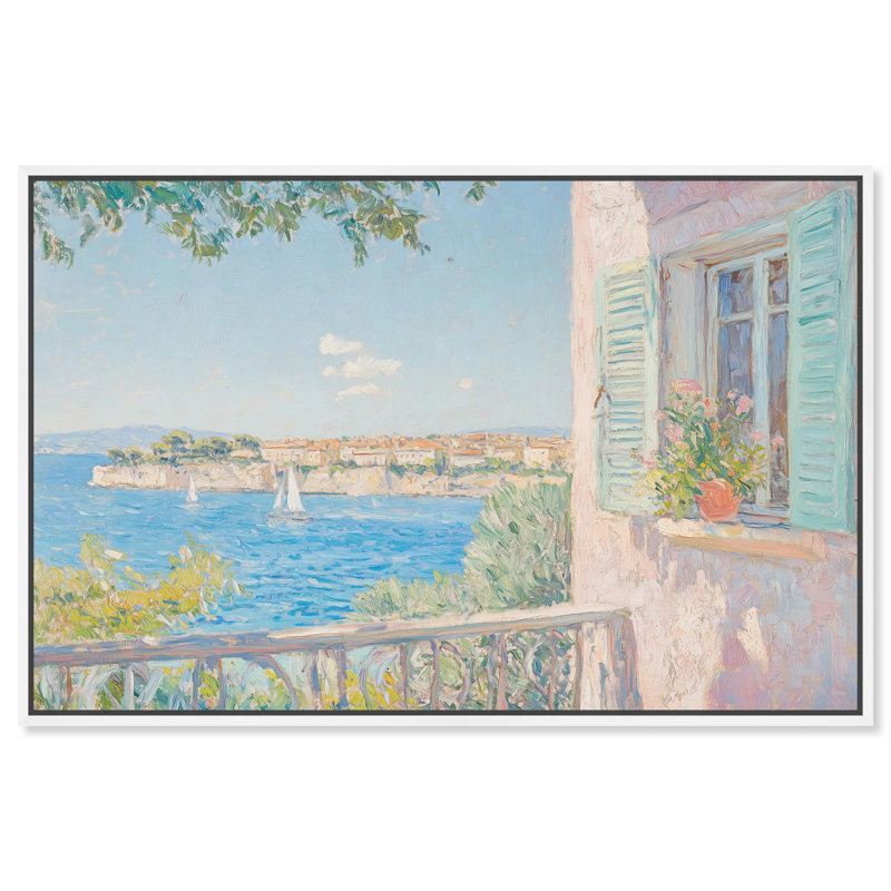 Toile vue méditerranée par Art Remedy, H 37 po x l 55 po, Blanc, Cadre flottant