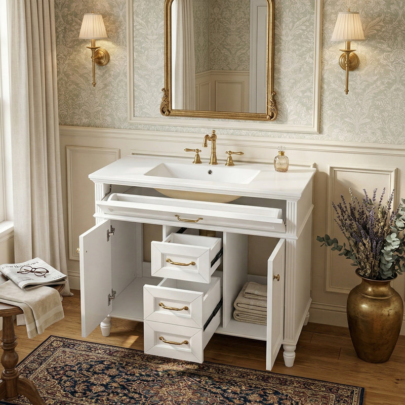 36" Solid Wood & MDF Vanity Combo With Sink, Heavy-Duty Storage Cabinet With Soft-Close Doors & 3 Drawers (White / Black / Green)