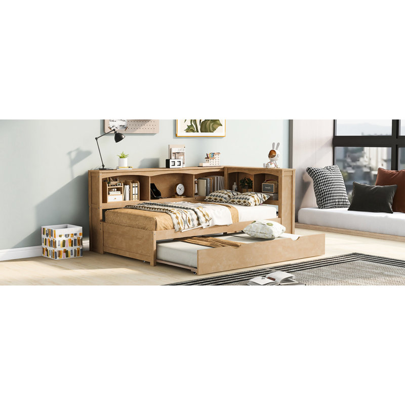 Lit de jour simple avec ports et espace de rangement - Construction en bois, Naturel