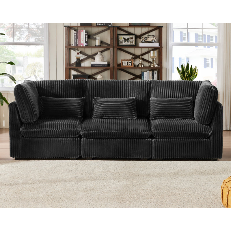 3 Seater Sofa Oversized Modular Sofa, Extra Deep Cloud Corduroy Sectional Couch with Ottoman Chaise, FSC Certified, Black