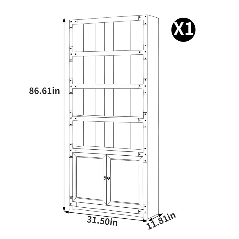 Bibliothèque américaine en bois massif vieilli American Style, (4 tablettes) H 73,62 po x l 31,5 po x P 11,81 po