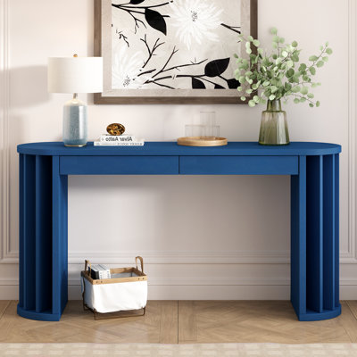 Console de 59 pouces de long en placage de chêne avec un design incurvé et droit, parfaite pour les entrées de ferme et derrière le canapé