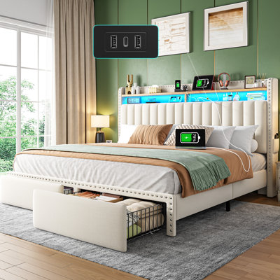 Upholstered Storage Bed with LED Light and Charging Station
