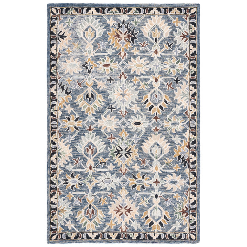 Oriental Hand Tufted Wool/Cotton Area Rug in White/Blue, Rectangle 6' x 9'