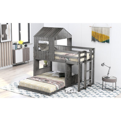 Lit superposé simple au-dessus d'un lit double en bois avec maisonnette, look en gris antique et garde-corps pour un divertissement sécuritaire, structure en pin massif, niveau de soutien supérieur de 400 lb, deux façons d'assemblage du bas 600 lb