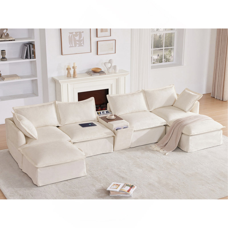 Canapé modulaire de 131 po avec repose-pieds mobile et console, porte-gobelet, siège large, canapé en U de 6 places, canapé en chenille surdimensionné avec chargeur USB pour le salon, appartement, 2 couleurs