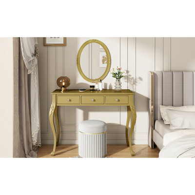 Meuble-lavabo de luxe avec miroir ovale, coiffeuse à 3 tiroirs pour le rangement des bijoux, console élégante pour le vestibule, le salon et la chambre à coucher, décoration intérieure élégante