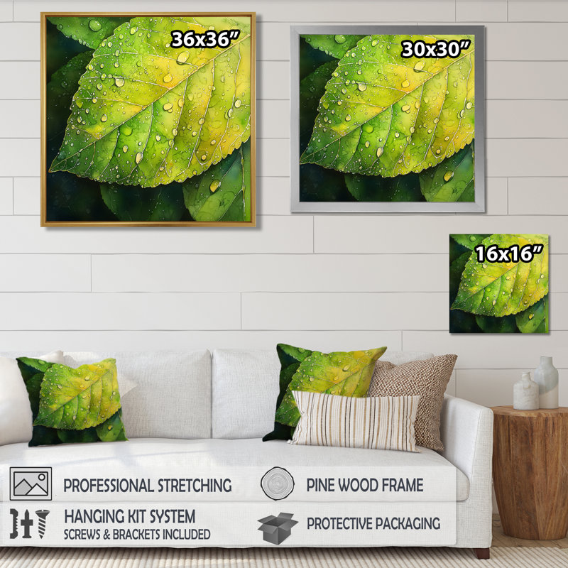 «Lympsham Green Dewy Morning Leaves I» - art mural, Impression encadrée flottante, H 30 po x l 30 po, Doré