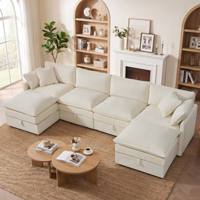 Greer 134" Modern 6 Seat Upholstered Chenille U Shaped Sectional Sofa with Storage Seats