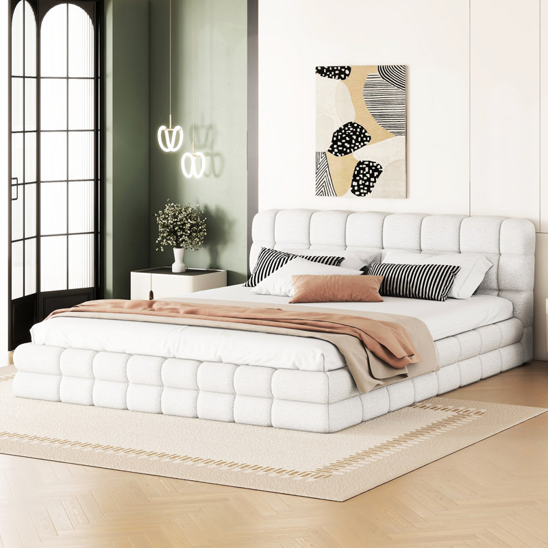 Lit plateforme tapissier grand format - blanc, coutures élégantes, bois et, sans sommier tapissier, L 87,8 po en version solide et solide, tête de lit pour un sommeil relaxant, printemps, 81 po x 61 po