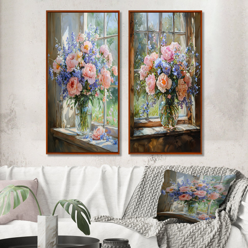 Bouquet de fleurs pastel d'été à la grange I - Décoration murale florale 2 panneaux, H 40 po x l 41 po, Cadre flottant brun