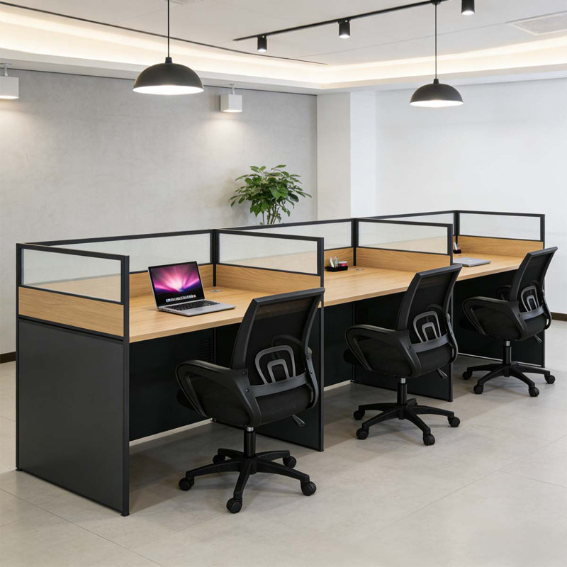 Rectangular 3-person Office Cubicle,benching Workstation With Cable And Office Chair