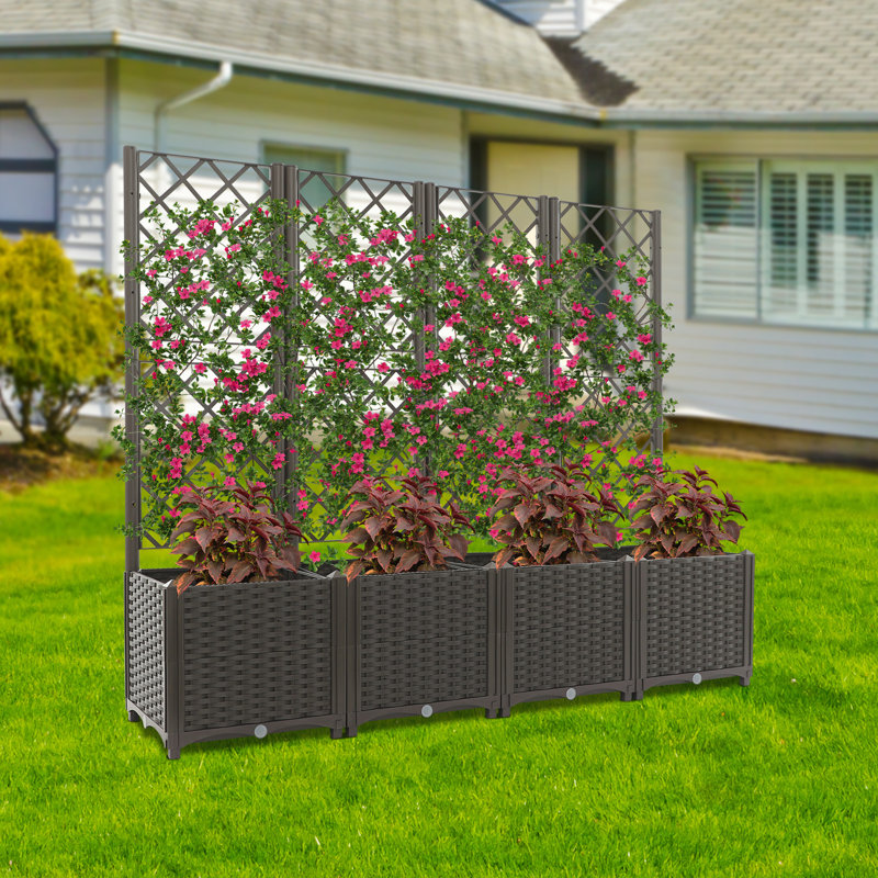 4 boîtes de plantes en plastique avec treillis, Brun