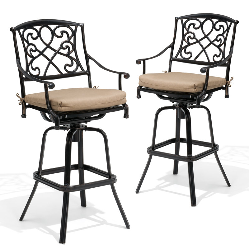 Tabouret de bar pivotant en aluminium 29,7 po Roark avec coussin Sunbrella, Beige foncé