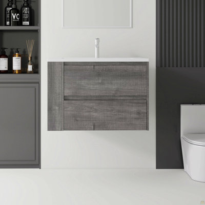 Meuble-lavabo flottant 30 po avec lavabo, porte à fermeture en douceur, évier en céramique, contreplaqué, gris