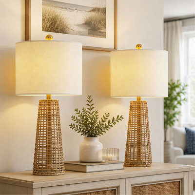 Lampe de table, ensemble de 2, rotin bohémien, 26,5 po, intensité variable à 3 voies, abat-jour en lin, osier